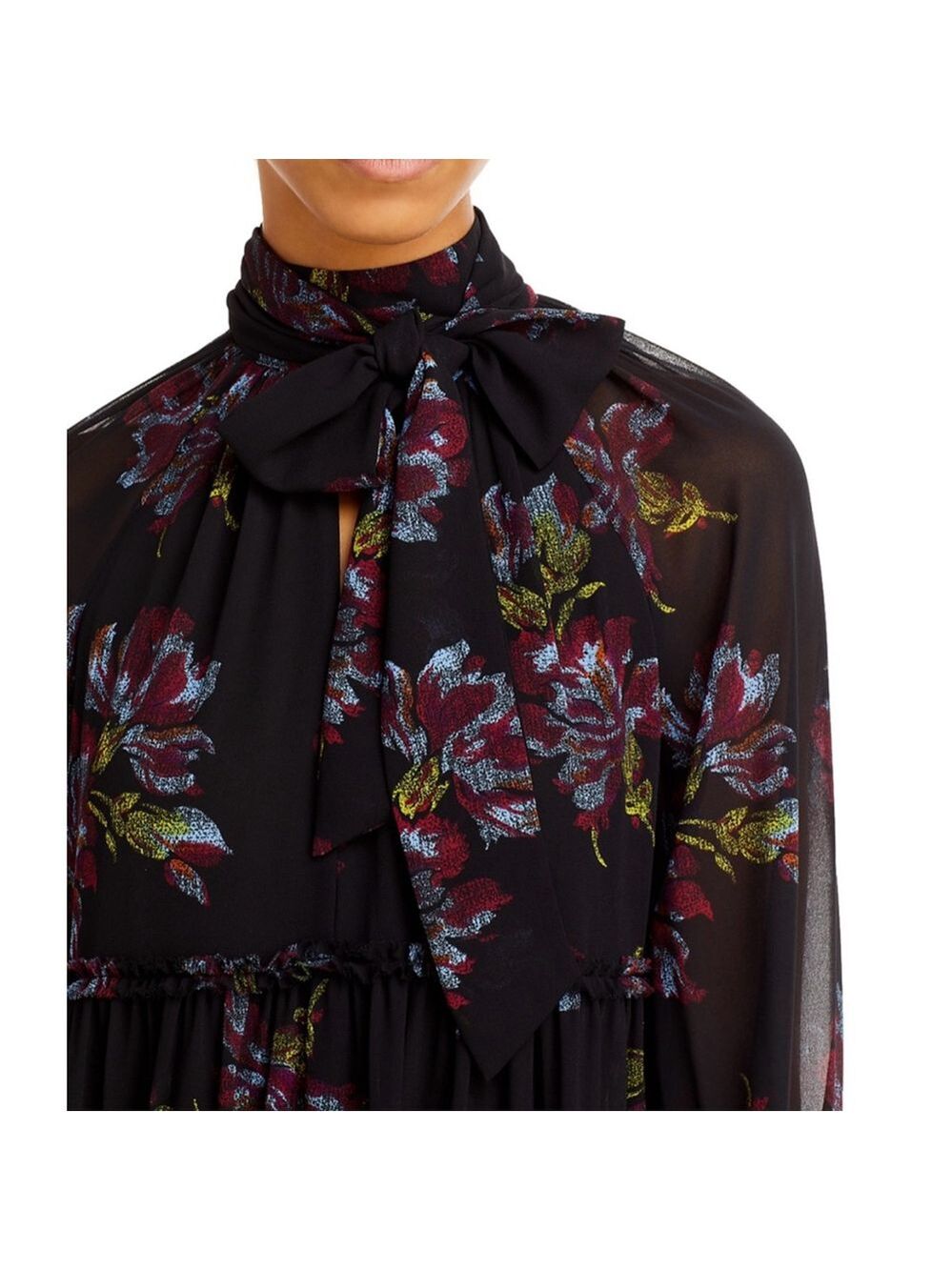 Cinq à Sept Revina Floral Print Mini Dress Black Size 0 Mock-neck Bow Key-hole - Picture 3 of 16